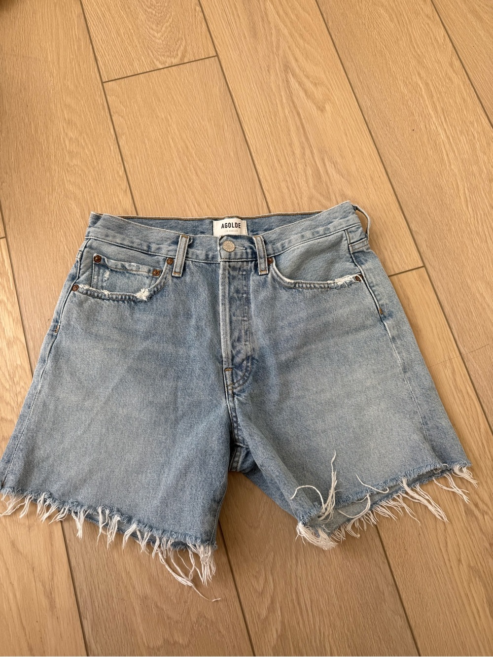 Agolde Light Blue Distressed Denim Jean Shorts